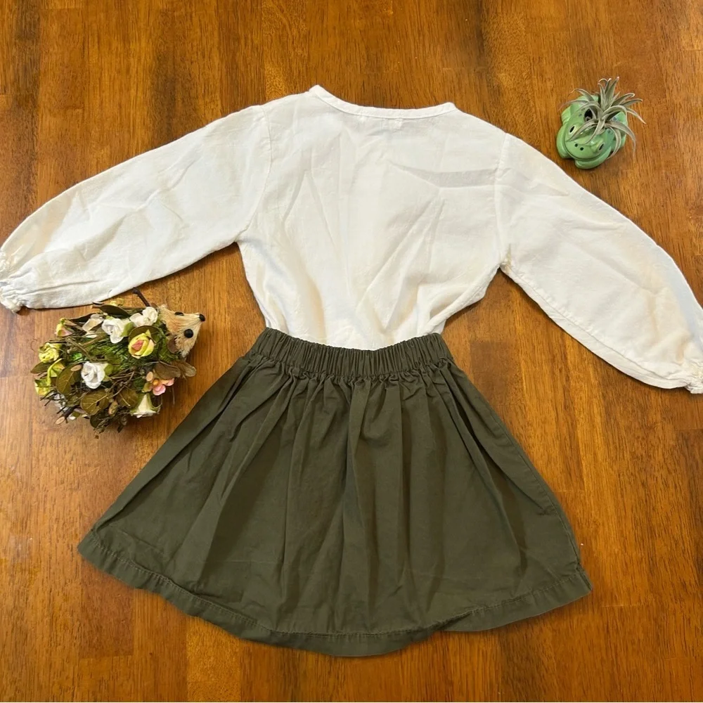 Olive Green Button Skirt & White Ruffle Top Outfit | Girls Size 80(12-18 Months)